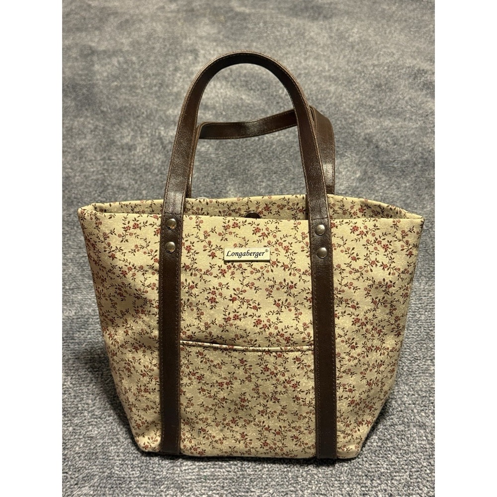 Vintage Longaberger Homestead Floral Handbag Fabric Travel Tote Leather Straps